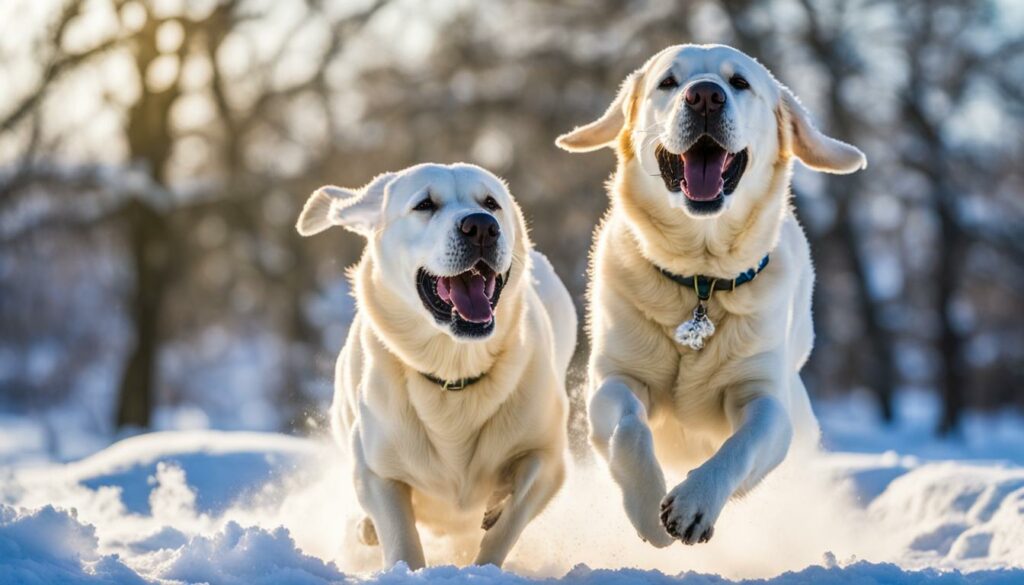 Labrador retrievers playing in the snow